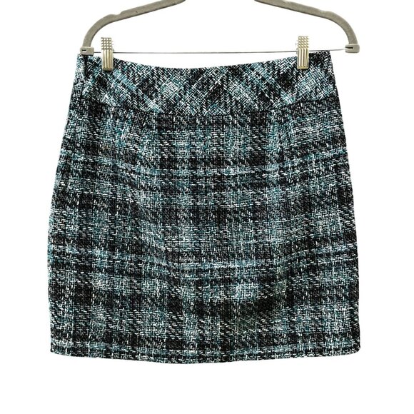 Loft Tweed Mini Skirt Womens 6 Teal Blue Black Plaid Wool Blend Formal - Picture 2 of 12